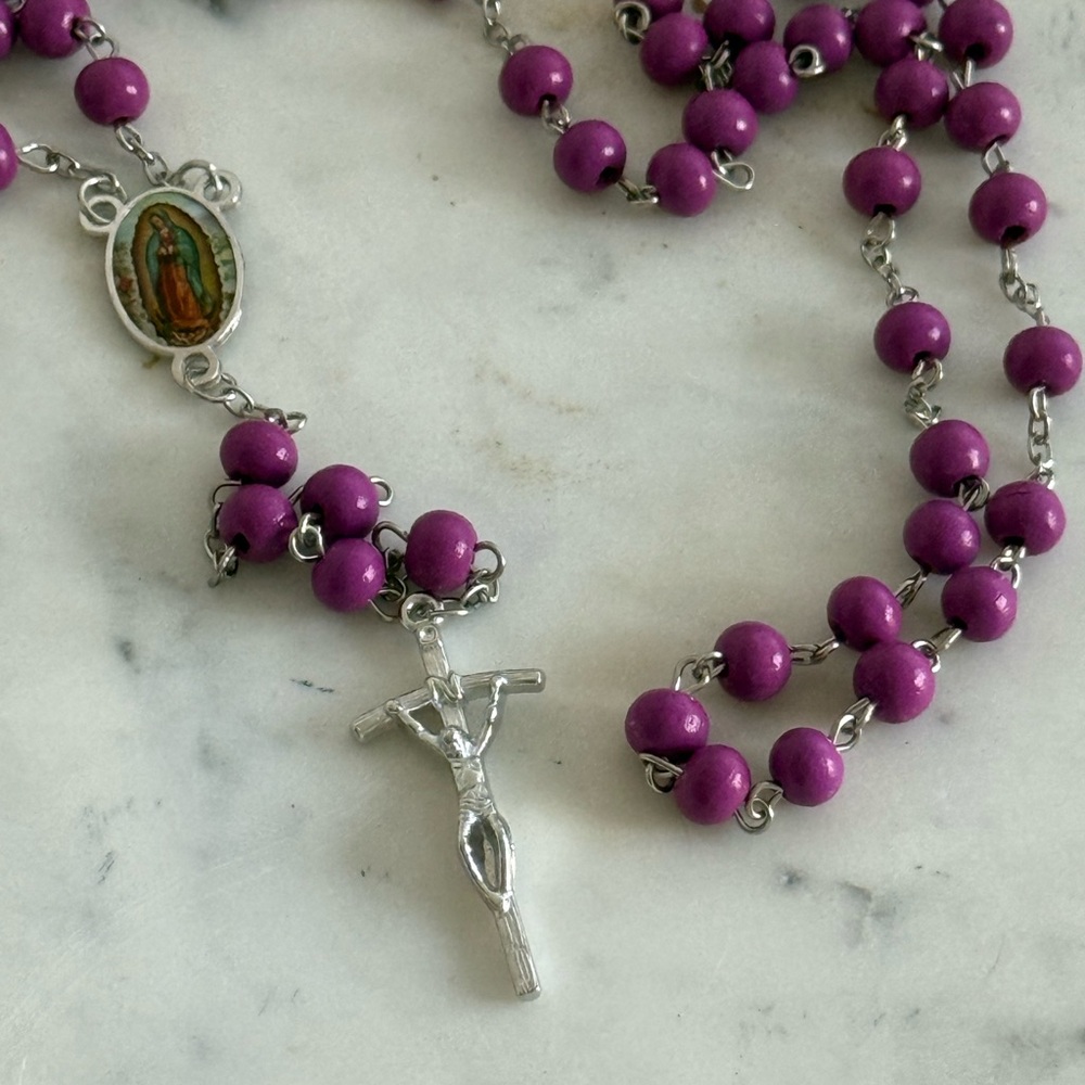 Purple Wooden Beaded Rosary Necklace